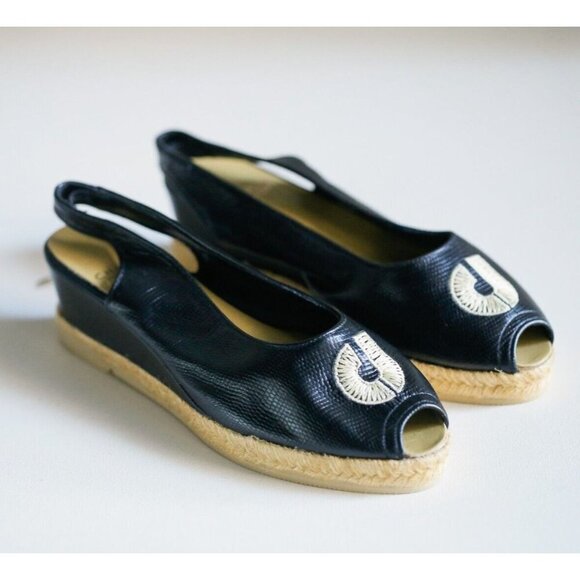 Vintage Charles Jourdan Paris Black Leather Embroidered  Espadrilles 5 - Picture 1 of 9